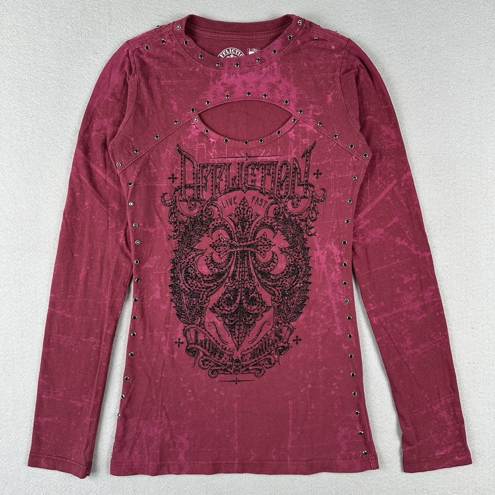 Y2K Affliction Long Sleeve Graphic Shirt Women's XS Red Studded Cutout Biker